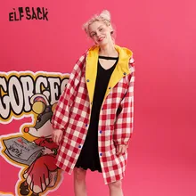 ELFSACK, красное клетчатое прямое двубортное шерстяное пальто с капюшоном для женщин, зима, желтое однотонное винтажное офисное Женское пальто