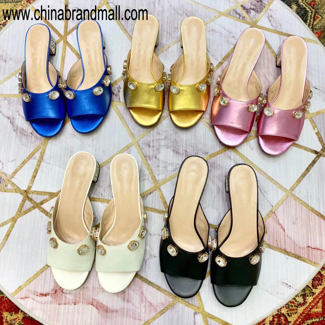 

2019 Womens Elegant Genuine Leather Thick Block Heel Sandal Summer Rhinestones Bling Crystal Peep Toe Slide Slipper