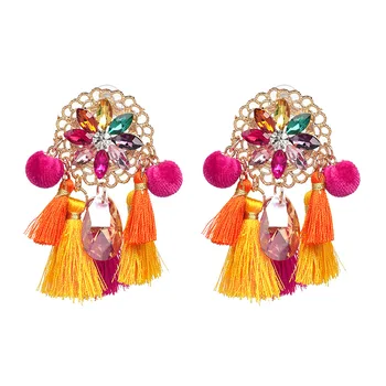 

vintage yellow flowers Drop Hairball Earring Handmade Tassel Big Earring Dangle Bohemian Large Long Brinco Printing Ear Oorbelle