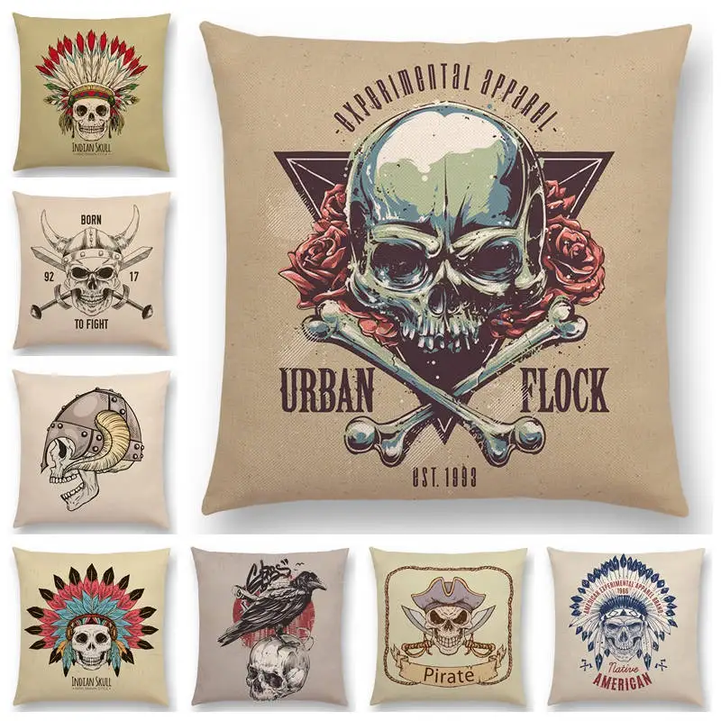 

Skull Head Rock Punk Death Fallen Demon Taboo Magic Mystery Samurai Cowboy Biker Viking Cushion Cover Decorative Pillow Case