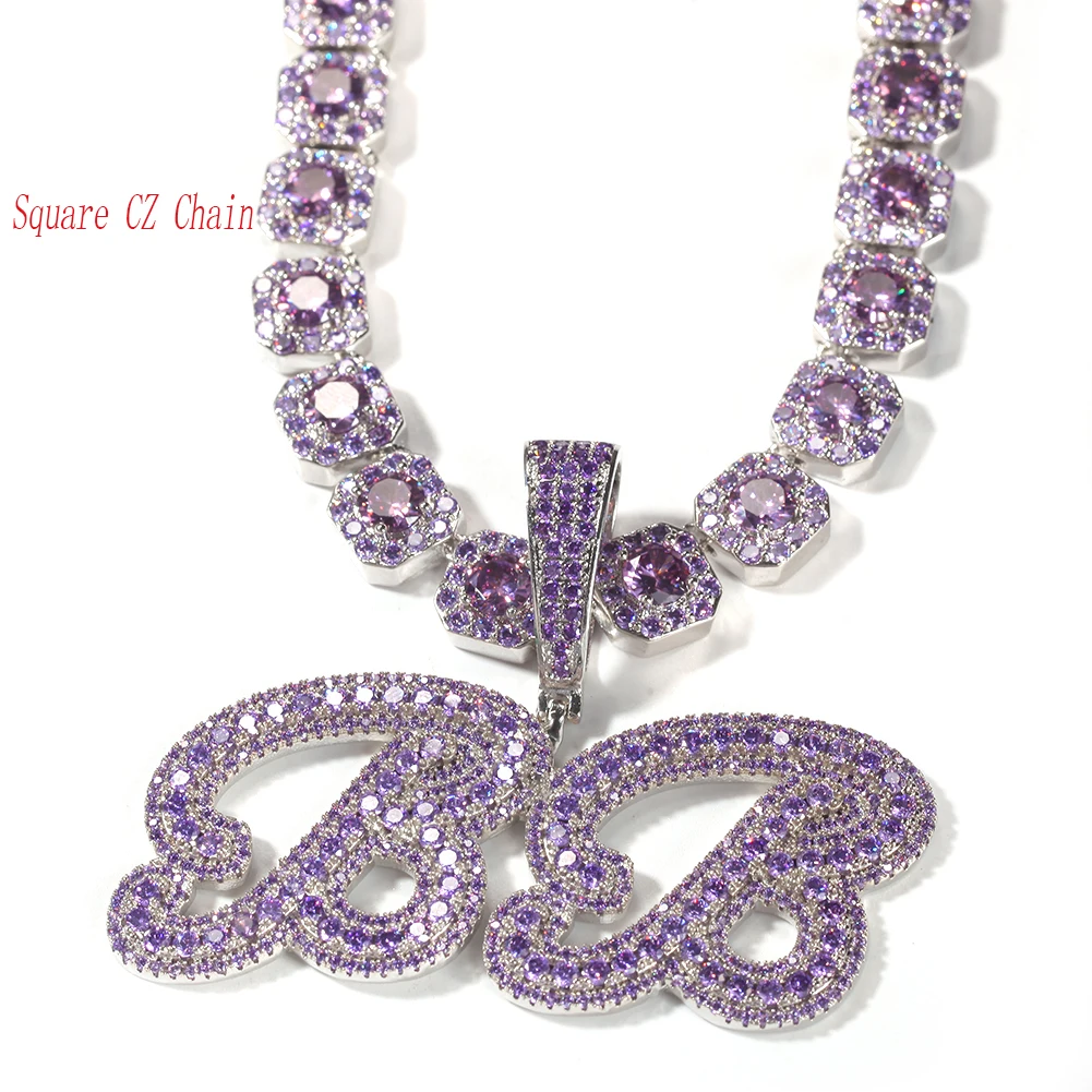 TBTK Custom Name Necklace Brush Script Bubble Letter Iced Out Purple CZ Name Plate Pendant Tennis Chain Hiphop Jewelry