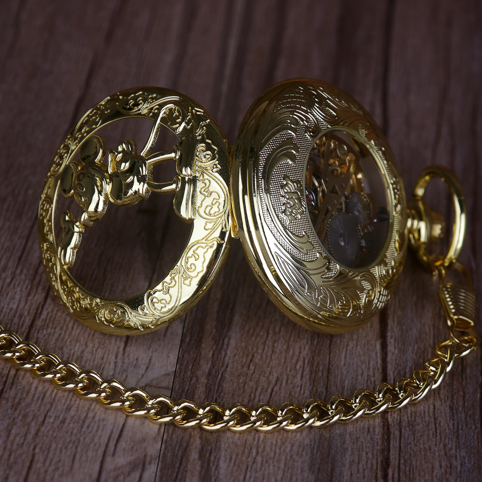 New Golden Mouse Steampunk Skeleton Automatic Mechanical Fob Pocket Watch Roman Number Clock Pendant Chain Gift For Men Women