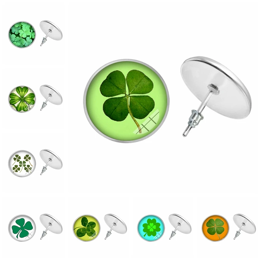Four-Clover Leaf Picture Stud Earrings Lucky Grass Green Crystal Glass for Women Jewelry | Украшения и аксессуары