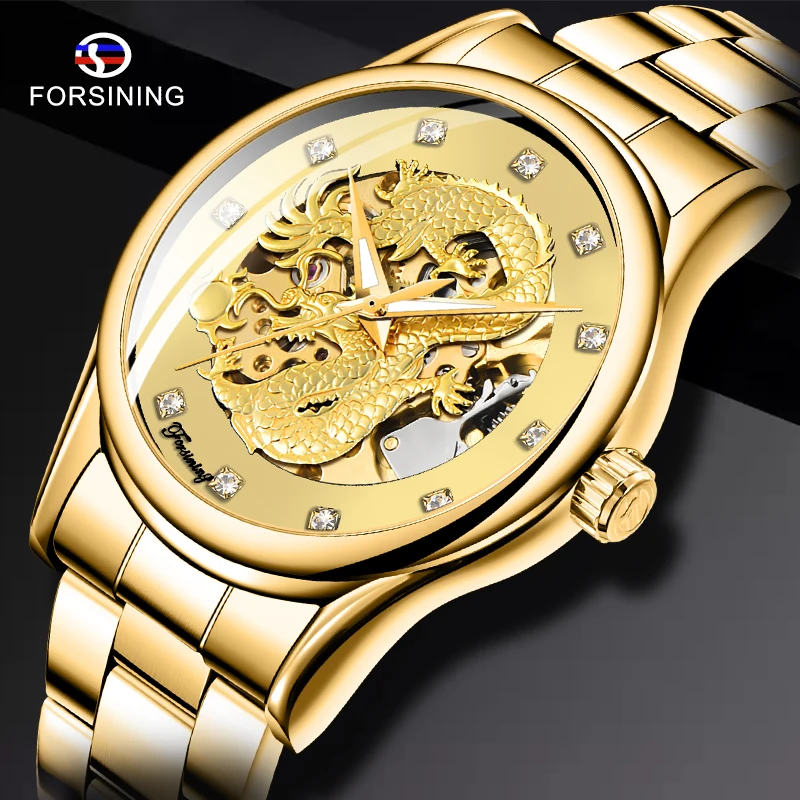 

FORSINING Dragon Skeleton Automatic Mechanical Watches Stainless Steel Strap Gold Clock Waterproof Wrist Watch Mens relogio