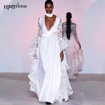 

2020 Spring New White Long Dress Sexy Deep V-Neck Long-Sleeved Hollow Mesh Stitching High Waist Loose Celebrity Club Party Dress