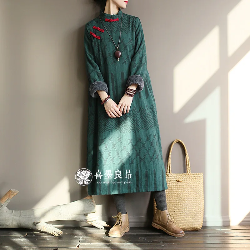 8818, Hi Ink, винтажное, матовое и плотное платье, длинный рукав, свободный крой, этнический стиль, стиль, женское платье, лягушка, зимнее, с хлопковой подкладкой