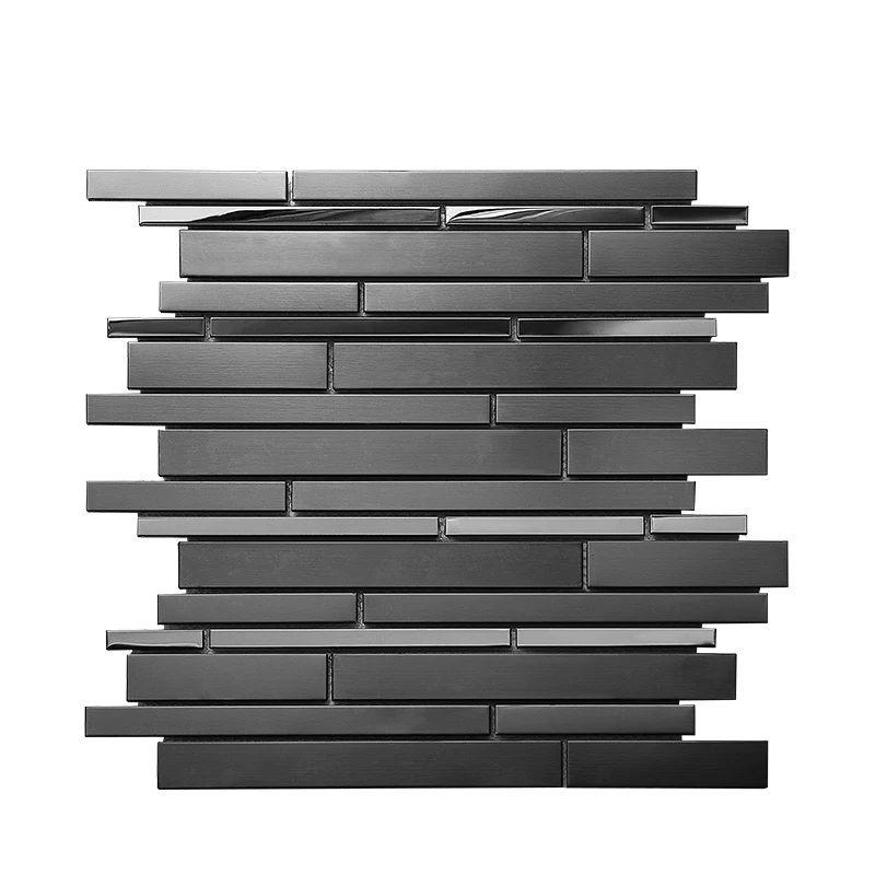Interlocking Glossy Matt Black Stainless Steel Metal Strip Mosaic Tile for Kitchen Firewall shower wall decoration