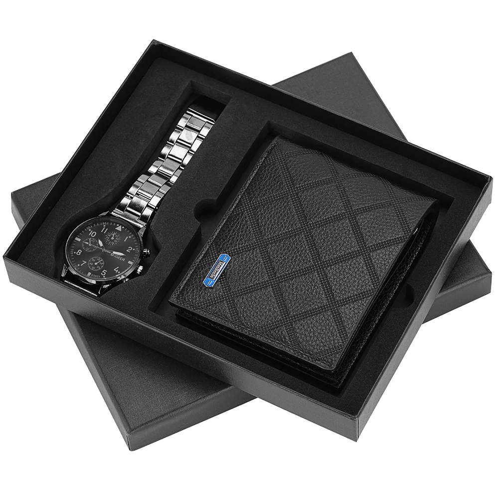 

Men Watches Quartz Steel Mesh Band Leather WristWatch With Leather Wallet Gift Set For Boyfriend For Dad Mens Watches Top Brand
