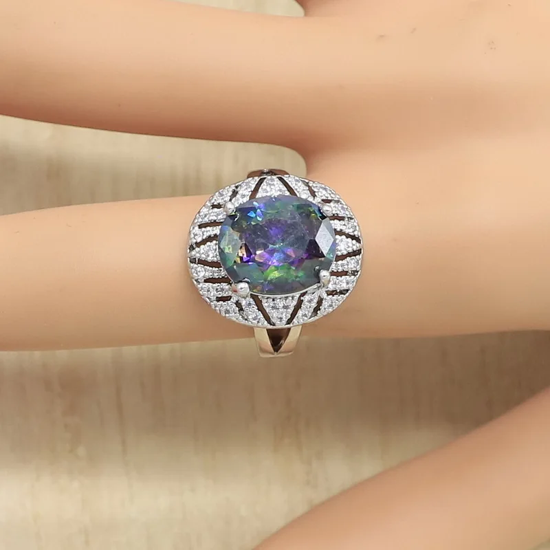 Silver Color Jewelry Set for Women Rainbow Cubic Zirconia Hoop Earrings Necklace Pendant Ring Party Birthday Gift