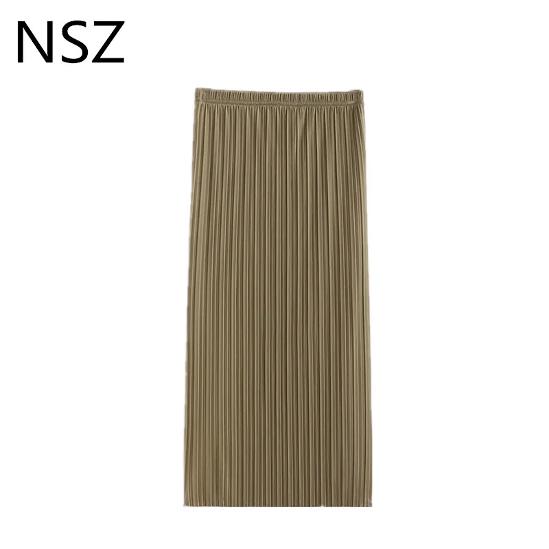 

NSZ Women Solid Pleated Skirt High Waist Straight Skirt Casual Elegant Chic Skirts Faldas mujer