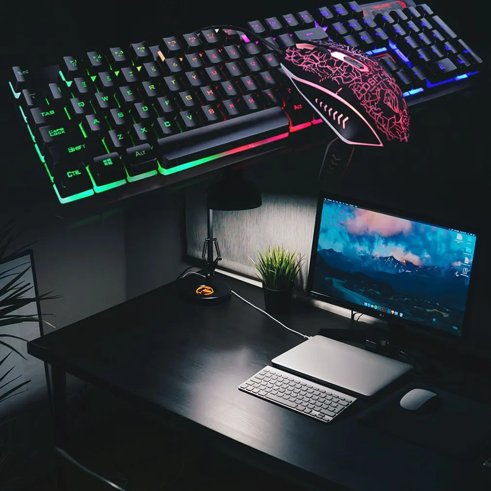 Игровая светящаяся проводная USB мышь клавиатура с радужной подсветкой
