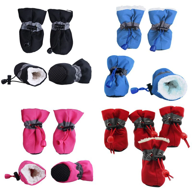 4pcs Waterproof Plush Pet Dog Shoes Winter Anti slip Rain Snow Boots