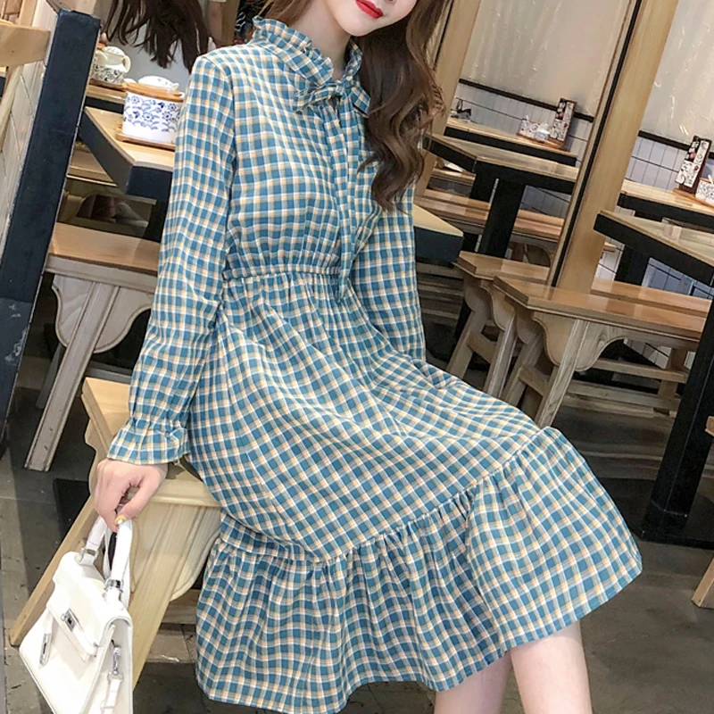

shintimes Elastic Waist High-Waist Elegant Ladies Dress Womens Plaid Dresses Spring Lotus Leaf Flare Sleeve Dress Vestido Mujer