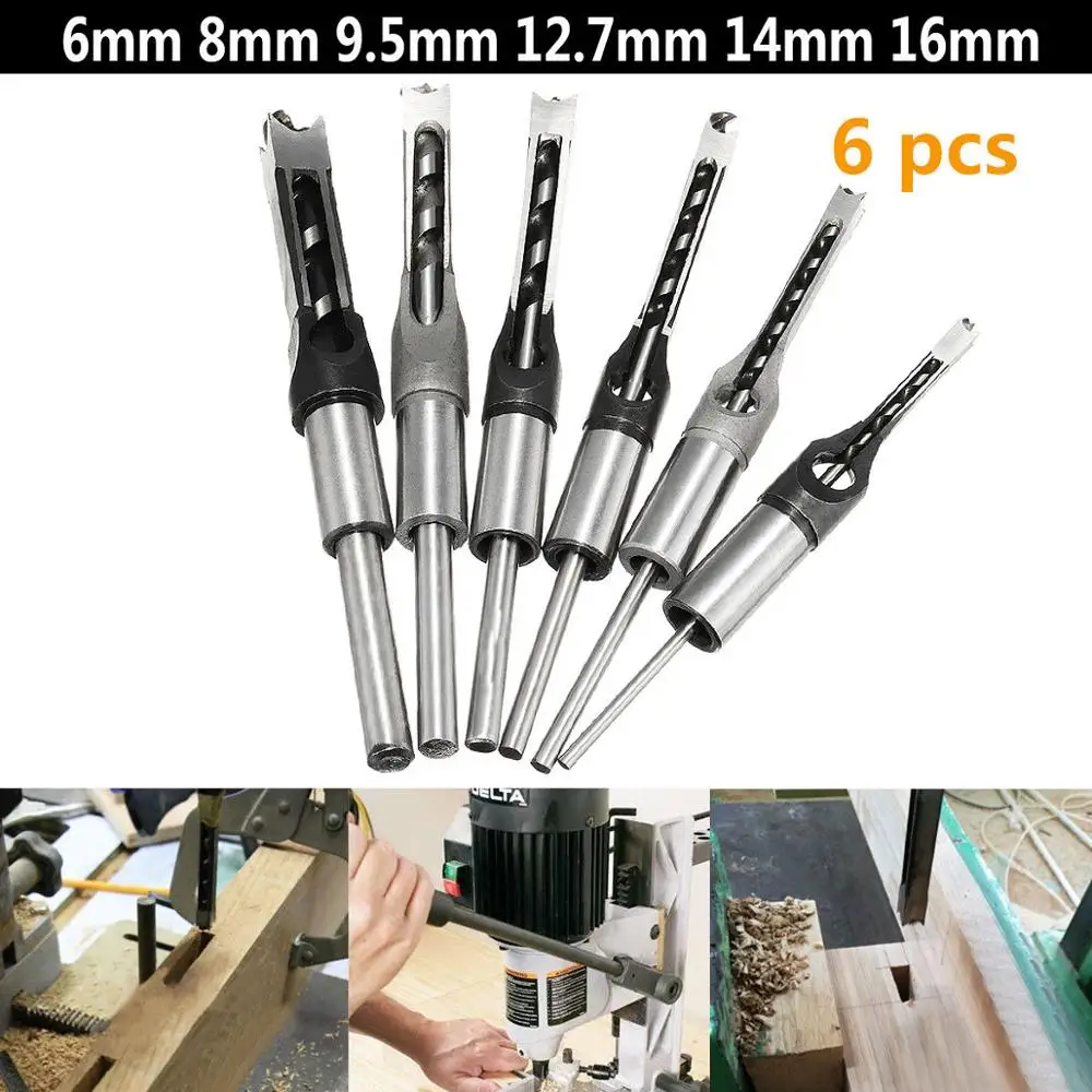 

6PCS Square Hole Saw Drill Bit Auger Mortising Chisel 1/4 5/16 3/8 1/2 9/16 5/8"