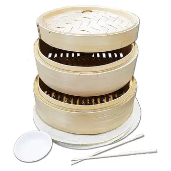 

2 Tier 10Inch Bamboo Steamer Fish Rice Vegetable Snack Basket Set Kitchen Cooking Tools Dumpling Two-Cage Steamer Steam Pot
