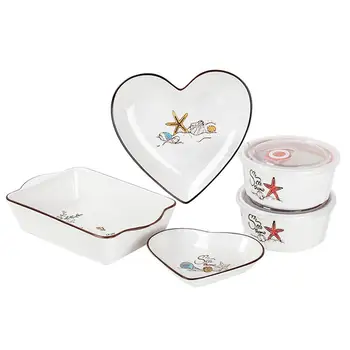 

5Pcs/Set Ceramic Tableware Heart Sea Starfish Insulated Bowl Baking Plate Dinnerware Set