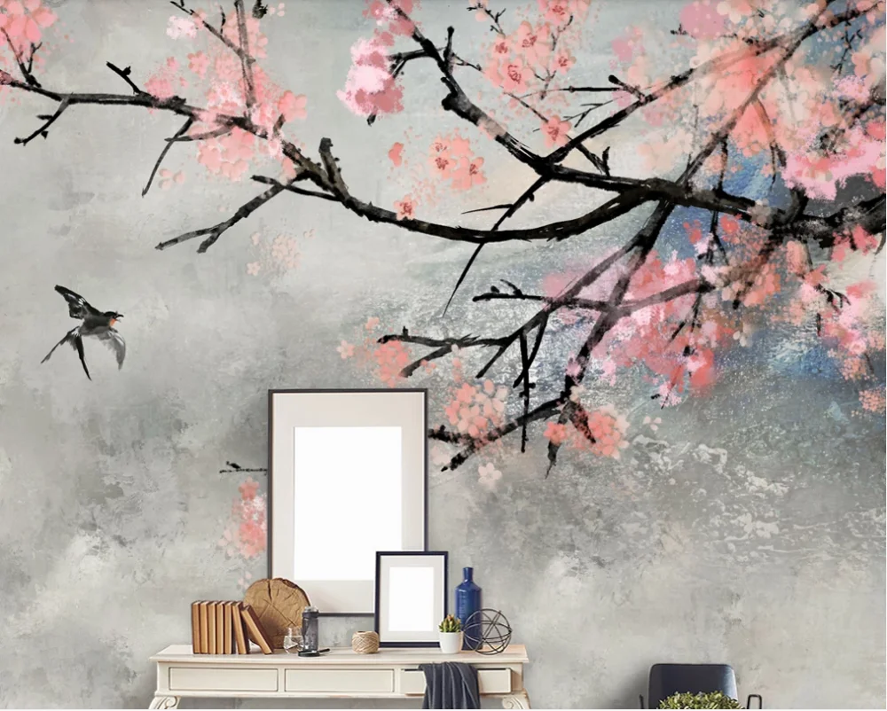 Custom photo wallpaper mural Nordic oil painting cherry blossom new Chinese style hand-painted flowers and birds background wall painting cherry blossom sunrise landscape gaming mouse pad extended large mouse pad xl stitched edges mousepad 31 5 x 11 8 inch