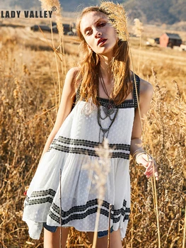 

Free Sleeveless Sexy Square Collar Cross Leak Back Applique Sling Dress Women's Summer New Style Loose Swing