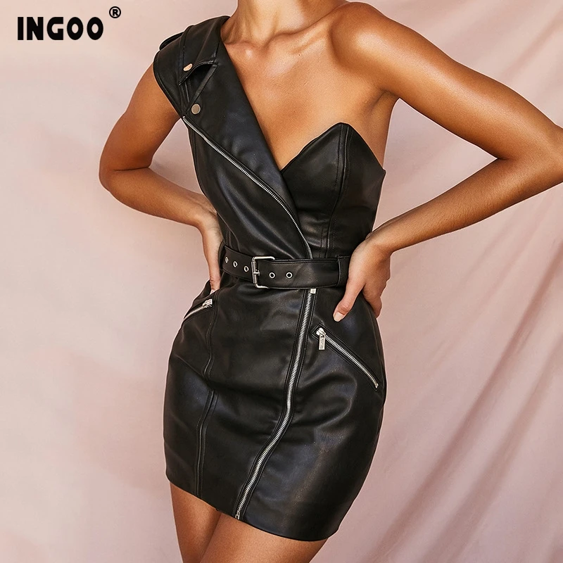 Соблазнительное байкерское платье INGOO из ПУ кожи на одно плечо обтягивающее