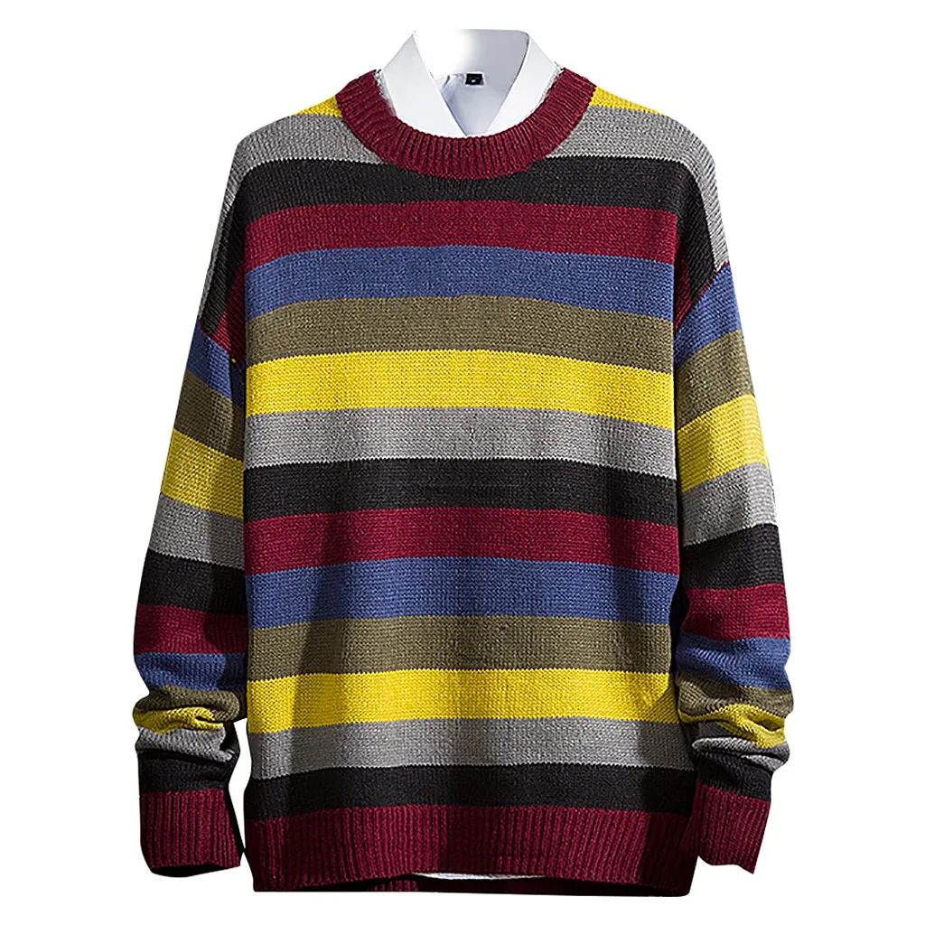 CHAMSGEND Hole Knit Stripe Sweater Men Autumn Winter Sweater Fashion Oversized Jumpers Men All-match Clothing