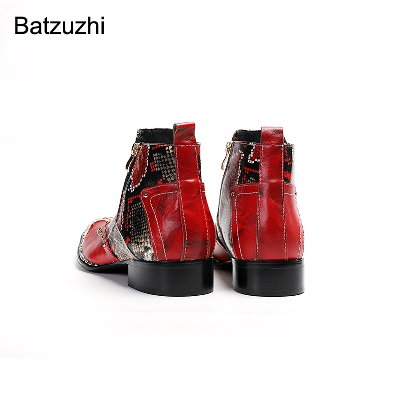 Batzuzhi New Handmade Men Shoes Square Toe Red Genuine Leather Boots Men Zip Short Knight, Party and Wedding Botas Hombre
