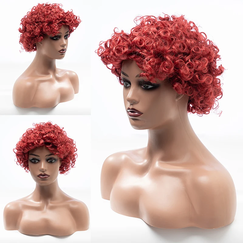 

Black ladies synthetic wig, small curly short hair, natural hair, mixed burgundy hair and brown, heat-resistant