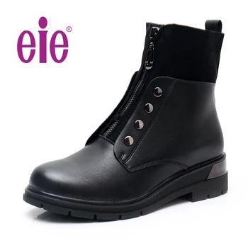 

EIE 2020 Boots Rivets Women Warm Plush Black TPR Sole Boots Women Zipper Leather Motorcycle Low Heel Ankle Boots Ladies Shoes