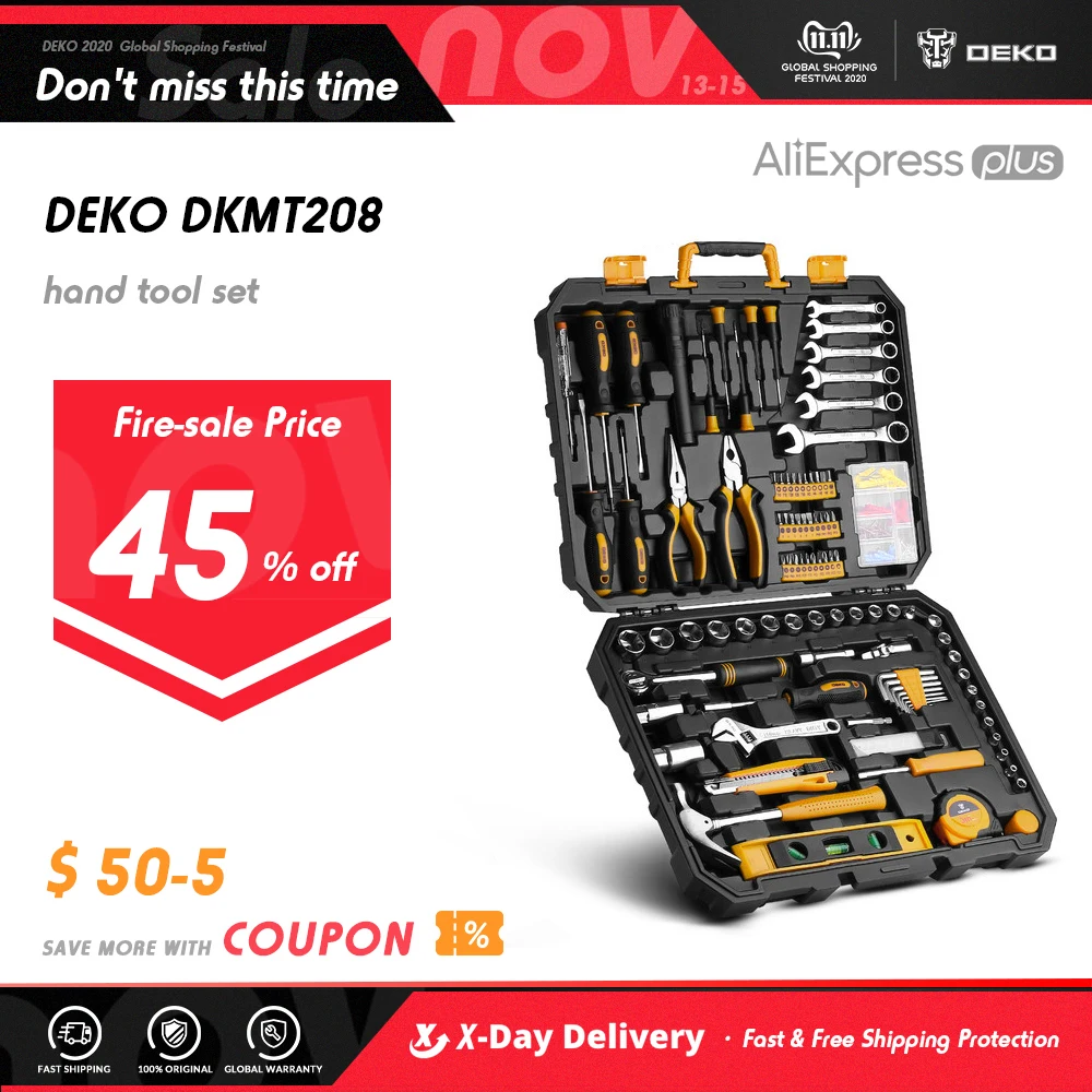 DEKO 208 Pcs Professional Car Repair Tool Set Auto