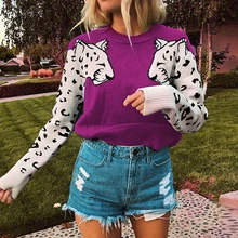 Women Knitted Cropped Sweater Leopard Pattern Long Sleeve Pullovers Female Loose Jumper New Cropped Sweater For Women