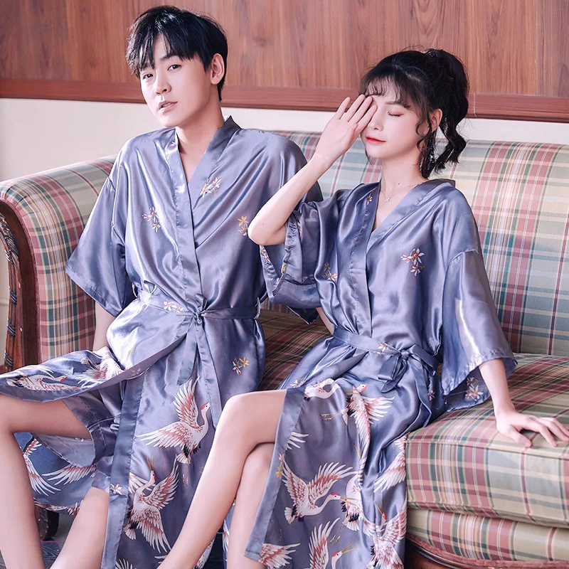 Crane Print Female Silk Robe nightdress Set Lovers Couple Nightgown