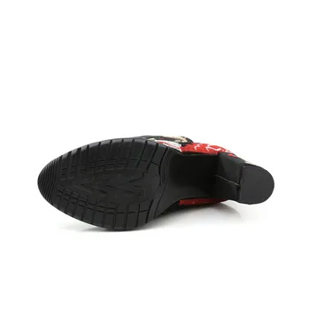 

Mid-barrel boots embroidered shoes new women's boots buckle head layer leather thick-heeled women's boots