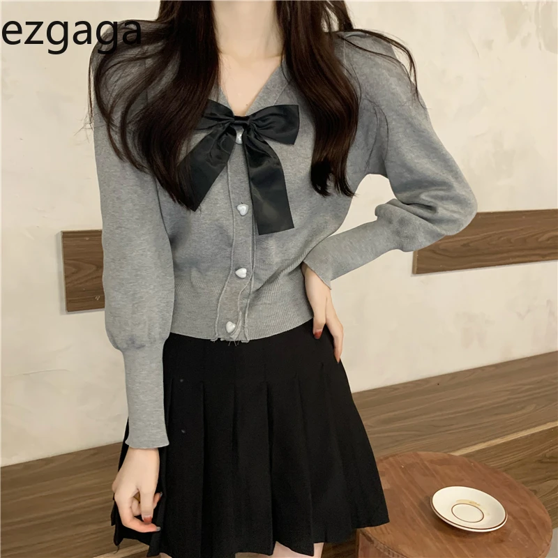 Ezgaga V-Neck Knitted Cardigan Womne Sweet Bow Ribbon Elegant Long Sleeve Single-breasted Loose Sweater Female Casual Fashion |