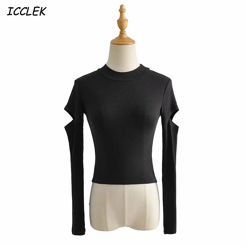 

Women's Knitted Blouses Mujer Shirt Femme Cropped Clothing Crop Tops Female Autumn O neck Long Sleeves Black 2020 Zipper Blusas