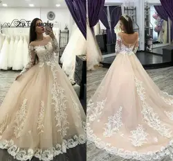Бежевый свадебный наряд принцессы винтажное кружевное свадебное платье с длинными рукавами Турецкий Арабский дубайское свадебное платье