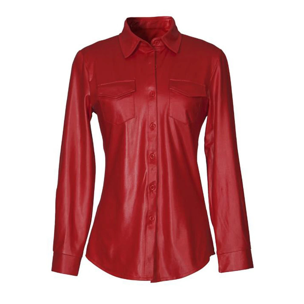 PU Leather Top Shirt Women Long Sleeved 