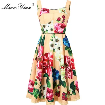 

MoaaYina Fashion Designer Cotton linen dress Summer Women's Dress Floral-Print Vacation Spaghetti Strap Dresses