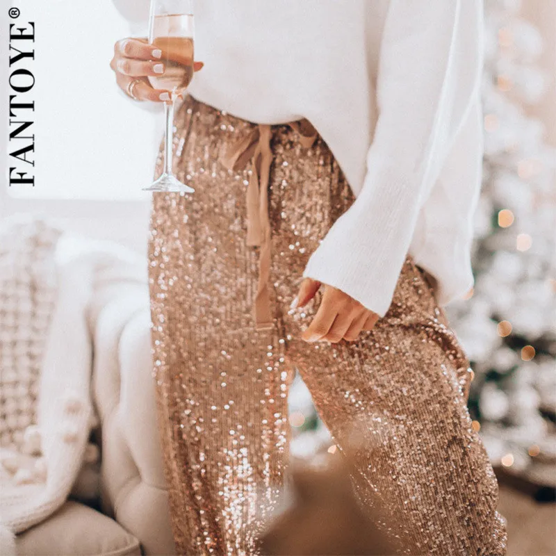 Online FANTOYE Gold Pailletten Shiny Breit Strahl Bein Hosen Frauen Casual Weihnachten Party Harem Hosen Hohe Taille Spitze Up Hosen Streetwear