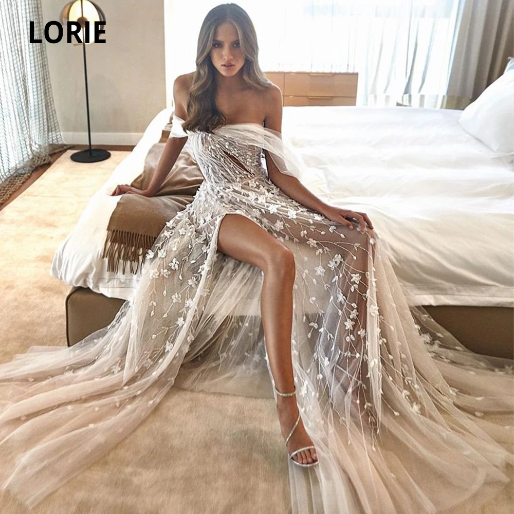

LORIE 2020 Boho Wedding Dresses Off Shoulder Appliqued Beaded Sexy Open Back Bridal Gowns High Split A-line Wedding Gown Beach