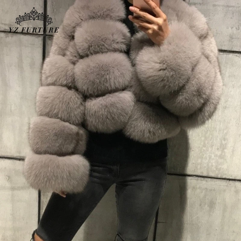 YZ Furture серый Синий Лисий мех зимние куртки и пальто для женщин короткая куртка