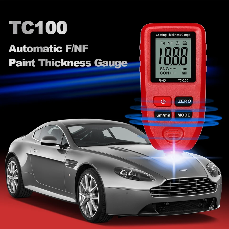 Paint Thickness Gauge R&D TC100 Coating Thickness Gauge Car Paint Film Thickness Tester Measuring FE/NFE Russian Manual Paint Tool 0.1micron 1300um