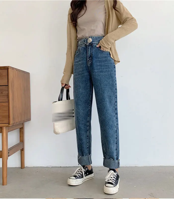 Loose Jeans Woman New Fashionthin Solid Color Big Buckle Straight Pants Wool Side Jeans Long Pants Women High Waist Woman