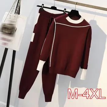 

Plus Size Woman Sweater Suits Knit Casual Tracksuits Crewneck Pullovers+Drawstrings Elastic Pants Two Piece Sets Female Outfits