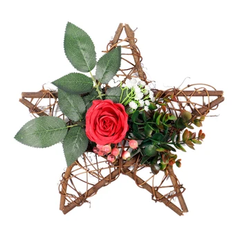 

Artificial Plant Rattan Rose Wreath Wooden Five-Pointed Star Pendant Garlands Home Decor (Red Rose)