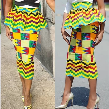 

African Print Bodycon Midi Length Skirt for Women Pencil Peplum Skirt High Waist Slim Ruffles Plus Size Nigerian Jupe Saias