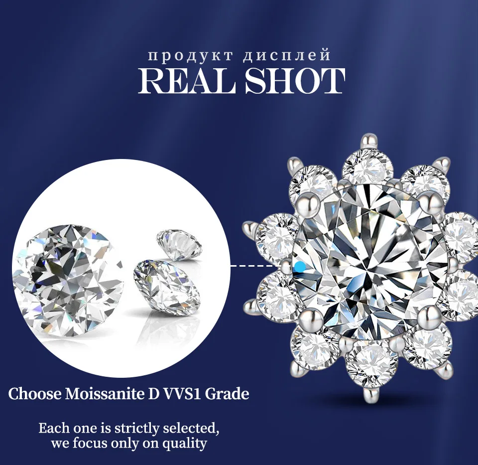 Snowflake Stud Earrings 925 Sterling Silver Jewelry 6.5mm 1.0 Carat Diamond Moissanite Earrings For Women Wedding Gift