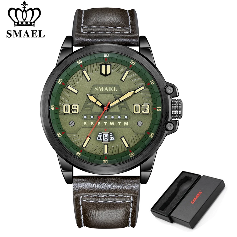 Brown Green Новые мужские часы smael, лидер продаж, брендовые Роскошные спортивные водонепроницаемые часы, мужские Аналоговые Кварцевые спортивные часы, водонепроницаемые мужские часы - Цвет: Brown Green
