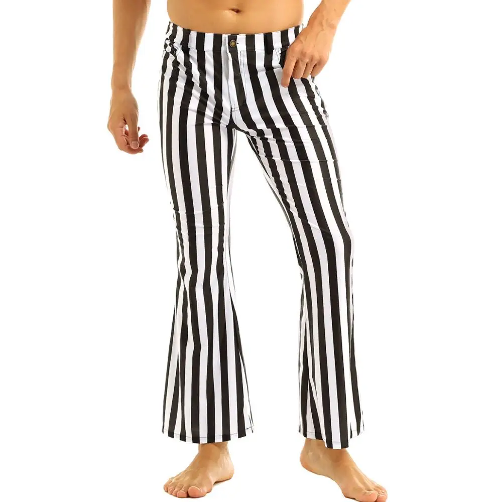 iiniim Mens 60's 70's Retro Vintage Mid Waist Striped Stretch Bell Bottom Super Flares Long Pants Casual Trousers Sexy Panties