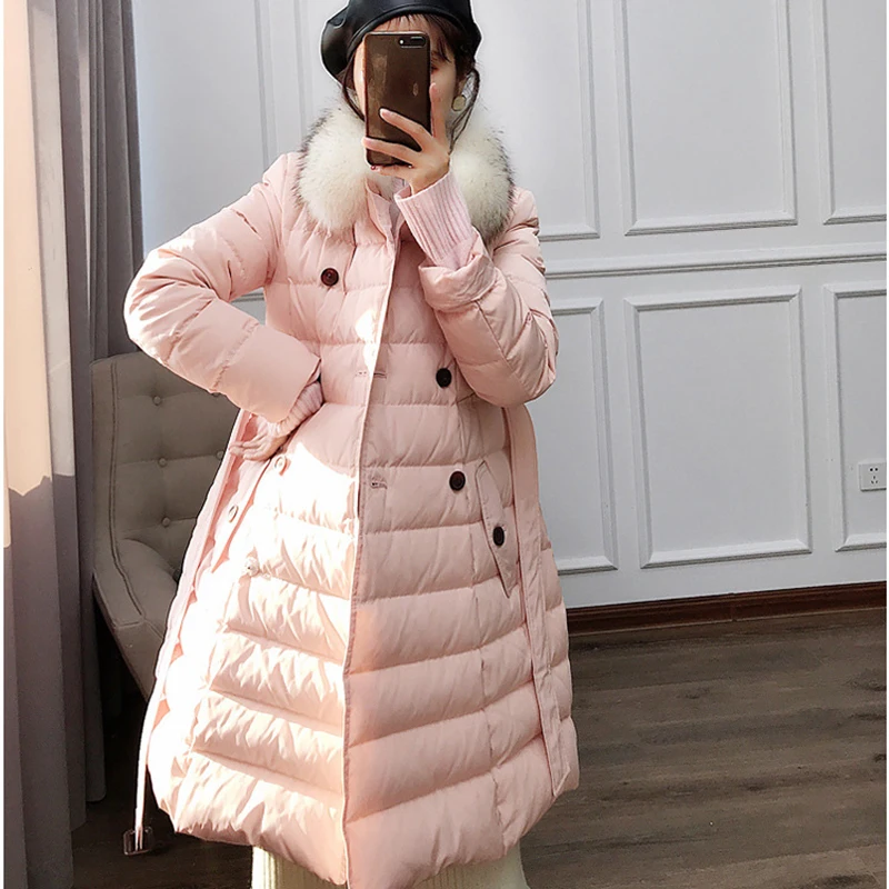 2021 Winter Down Coat Women Long Parka Jacket With Real Raccoon Collar White Duck Feminine Pink Overcoat Korean | Женская одежда