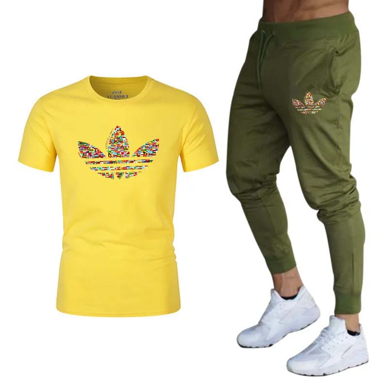 men's casual suit brand spring and summer top short suit for men O collar fashion 2 T-shirt and trousers sport suit - Color: Brown