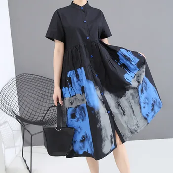 

Women Black Stand Collar Shirt Dress Street Style New Pattern Printed Short Sleeve Dress Big Size 2020 Summer Fashion